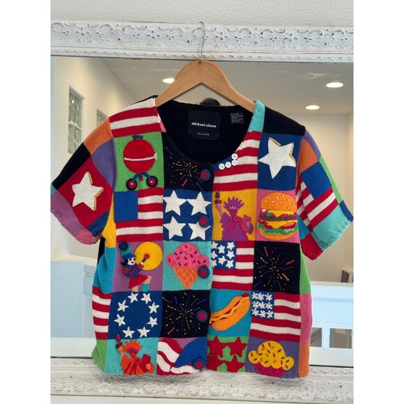 Michael Simon VTG Y2K Cardigan Colorblock Sweater 4th July Patriotic Small - Picture 1 of 6